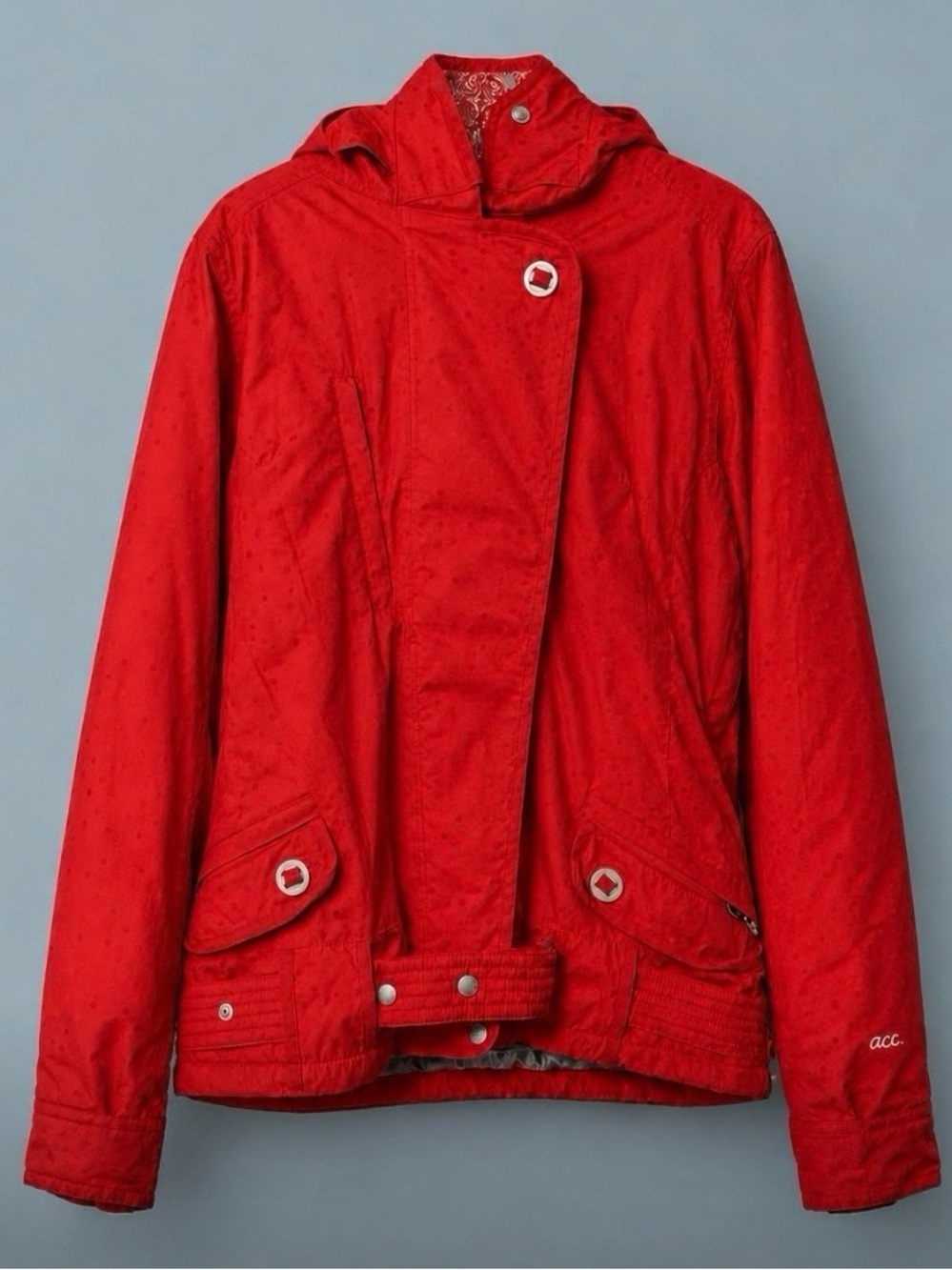 686 Hooded Women's Large Red Polka Dot
Snowboard Ski Jacket Pearl Lining Belted